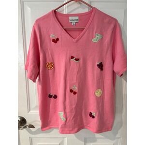 Breckenridge Pink Fruit Embroidered V-Neck Knit Top Cottagegore Grannycore